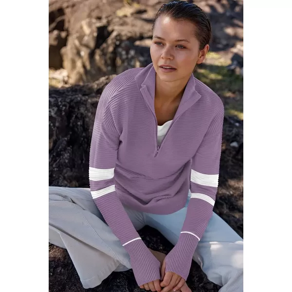 imageANRABESS Womens Long Sleeve Half Zip V Neck Collared Casual Oversized Ribbed Knit Pullover Sweater Thumb HoleStripepurple