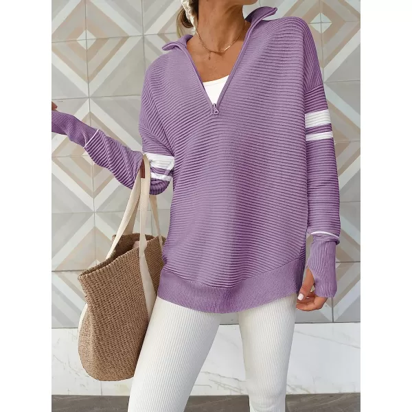 imageANRABESS Womens Long Sleeve Half Zip V Neck Collared Casual Oversized Ribbed Knit Pullover Sweater Thumb HoleStripepurple