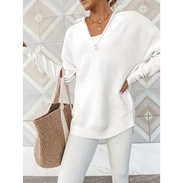 imageANRABESS Womens Long Sleeve Half Zip V Neck Collared Casual Oversized Ribbed Knit Pullover Sweater Thumb HoleWhite