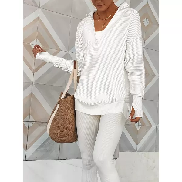 imageANRABESS Womens Long Sleeve Half Zip V Neck Collared Casual Oversized Ribbed Knit Pullover Sweater Thumb HoleWhite