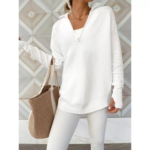 imageANRABESS Womens Long Sleeve Half Zip V Neck Collared Casual Oversized Ribbed Knit Pullover Sweater Thumb HoleWhite