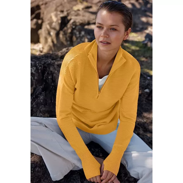 imageANRABESS Womens Long Sleeve Half Zip V Neck Collared Casual Oversized Ribbed Knit Pullover Sweater Thumb HoleYellow