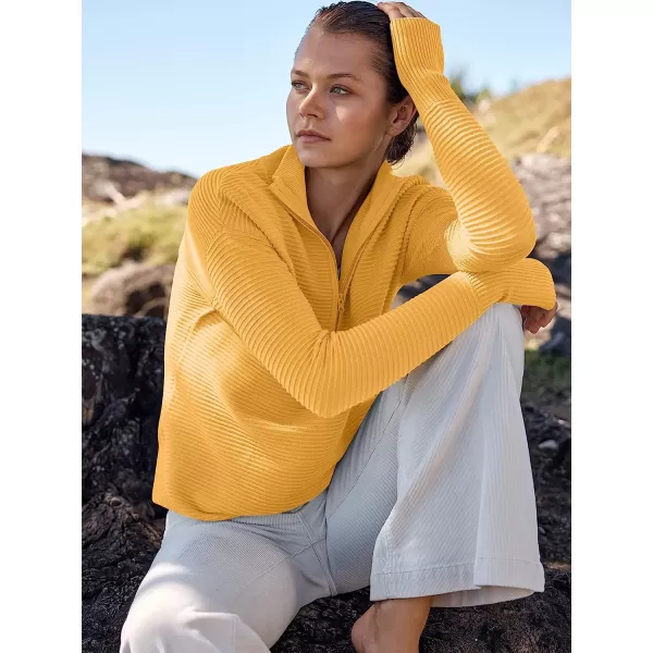 imageANRABESS Womens Long Sleeve Half Zip V Neck Collared Casual Oversized Ribbed Knit Pullover Sweater Thumb HoleYellow