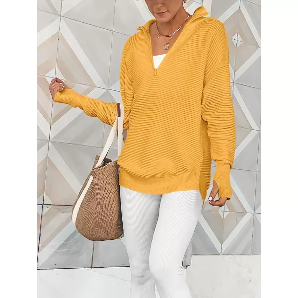 imageANRABESS Womens Long Sleeve Half Zip V Neck Collared Casual Oversized Ribbed Knit Pullover Sweater Thumb HoleYellow