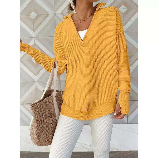 imageANRABESS Womens Long Sleeve Half Zip V Neck Collared Casual Oversized Ribbed Knit Pullover Sweater Thumb HoleYellow