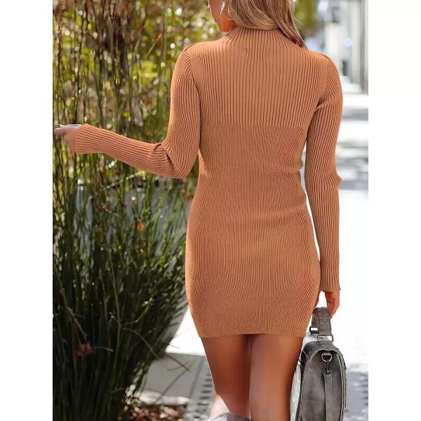 imageANRABESS Womens Long Sleeve Mock Neck Cutout Chest Ribbed Knit Bodycon Mini Sweater DressRed Apricot