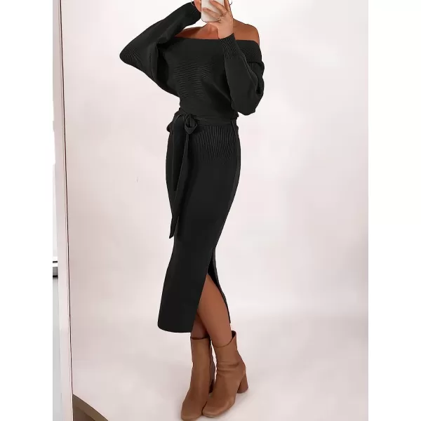 imageANRABESS Womens Long Sleeve Off Shoulder Waist Belt Slim Fit Ribbed Knitted Cozy Slit Midi Sweater DressBlack