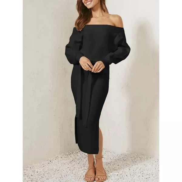 imageANRABESS Womens Long Sleeve Off Shoulder Waist Belt Slim Fit Ribbed Knitted Cozy Slit Midi Sweater DressBlack