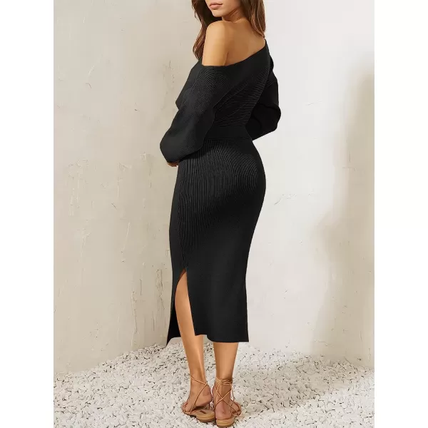 imageANRABESS Womens Long Sleeve Off Shoulder Waist Belt Slim Fit Ribbed Knitted Cozy Slit Midi Sweater DressBlack