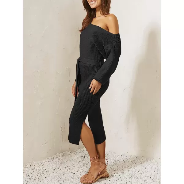 imageANRABESS Womens Long Sleeve Off Shoulder Waist Belt Slim Fit Ribbed Knitted Cozy Slit Midi Sweater DressBlack