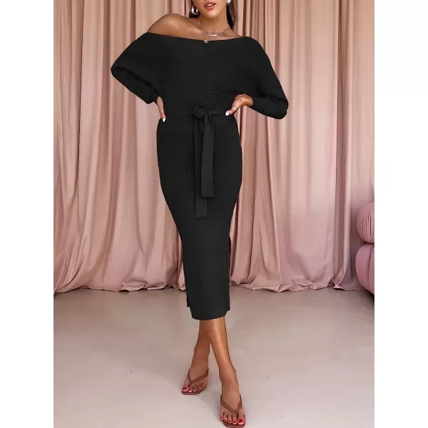 imageANRABESS Womens Long Sleeve Off Shoulder Waist Belt Slim Fit Ribbed Knitted Cozy Slit Midi Sweater DressBlack