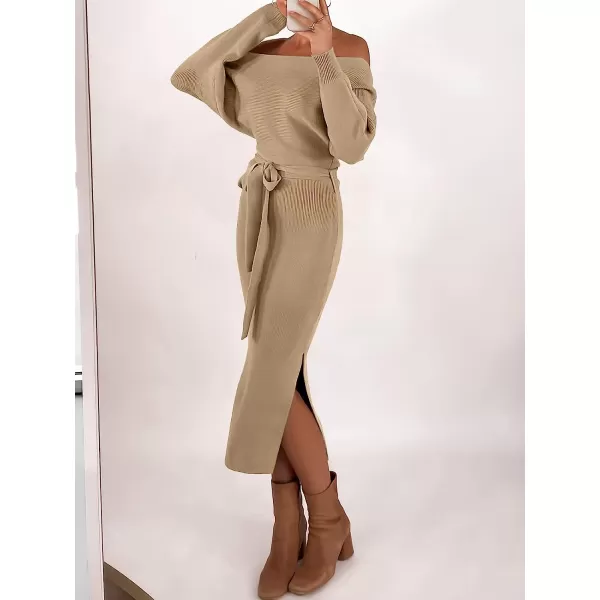 imageANRABESS Womens Long Sleeve Off Shoulder Waist Belt Slim Fit Ribbed Knitted Cozy Slit Midi Sweater DressKhaki
