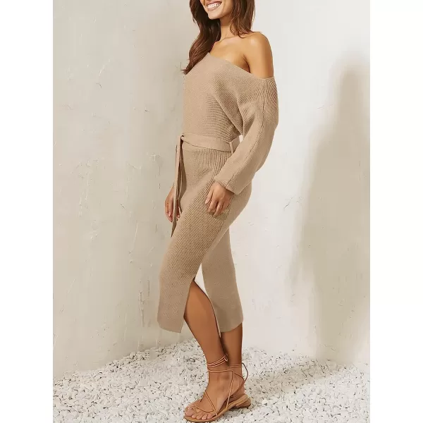 imageANRABESS Womens Long Sleeve Off Shoulder Waist Belt Slim Fit Ribbed Knitted Cozy Slit Midi Sweater DressKhaki