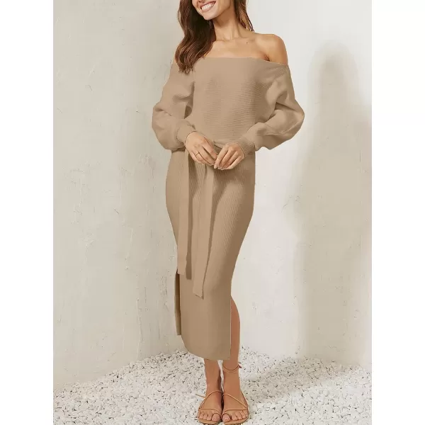 imageANRABESS Womens Long Sleeve Off Shoulder Waist Belt Slim Fit Ribbed Knitted Cozy Slit Midi Sweater DressKhaki