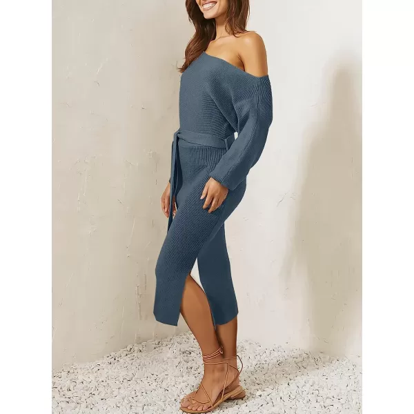 imageANRABESS Womens Long Sleeve Off Shoulder Waist Belt Slim Fit Ribbed Knitted Cozy Slit Midi Sweater DressNavy Blue