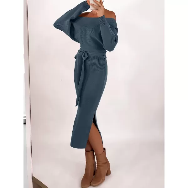 imageANRABESS Womens Long Sleeve Off Shoulder Waist Belt Slim Fit Ribbed Knitted Cozy Slit Midi Sweater DressNavy Blue
