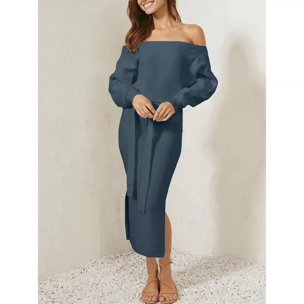 imageANRABESS Womens Long Sleeve Off Shoulder Waist Belt Slim Fit Ribbed Knitted Cozy Slit Midi Sweater DressNavy Blue