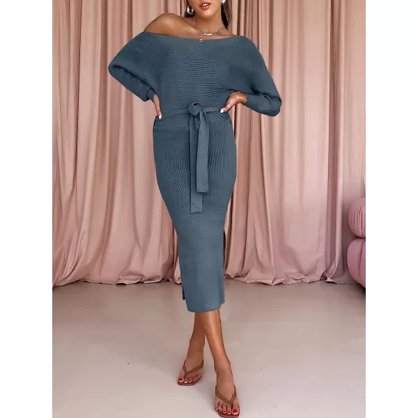 imageANRABESS Womens Long Sleeve Off Shoulder Waist Belt Slim Fit Ribbed Knitted Cozy Slit Midi Sweater DressNavy Blue
