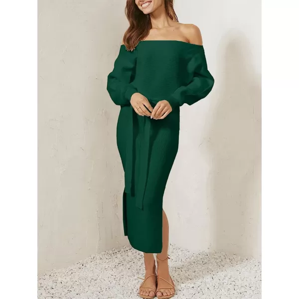 imageANRABESS Womens Long Sleeve Off Shoulder Waist Belt Slim Fit Ribbed Knitted Cozy Slit Midi Sweater DressOpal Green