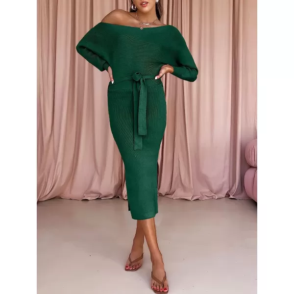 imageANRABESS Womens Long Sleeve Off Shoulder Waist Belt Slim Fit Ribbed Knitted Cozy Slit Midi Sweater DressOpal Green