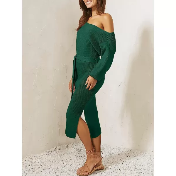 imageANRABESS Womens Long Sleeve Off Shoulder Waist Belt Slim Fit Ribbed Knitted Cozy Slit Midi Sweater DressOpal Green