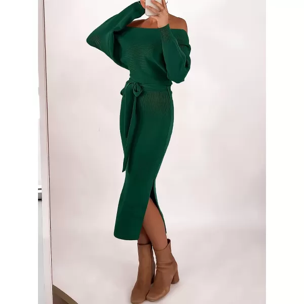 imageANRABESS Womens Long Sleeve Off Shoulder Waist Belt Slim Fit Ribbed Knitted Cozy Slit Midi Sweater DressOpal Green