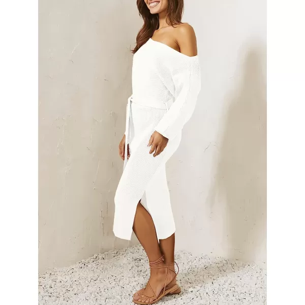imageANRABESS Womens Long Sleeve Off Shoulder Waist Belt Slim Fit Ribbed Knitted Cozy Slit Midi Sweater DressWhite