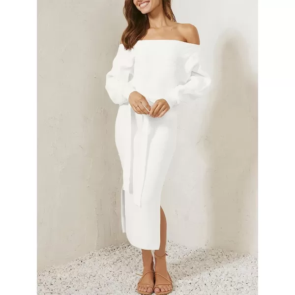 imageANRABESS Womens Long Sleeve Off Shoulder Waist Belt Slim Fit Ribbed Knitted Cozy Slit Midi Sweater DressWhite