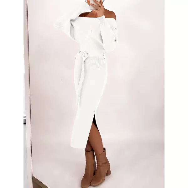 imageANRABESS Womens Long Sleeve Off Shoulder Waist Belt Slim Fit Ribbed Knitted Cozy Slit Midi Sweater DressWhite