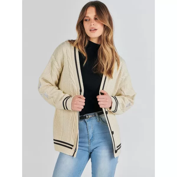 imageANRABESS Womens Long Sleeve Open Front Cardigan Sweaters Embroidery Star Button Down Cable Knit Chunky Outfits CoatsApricotblack