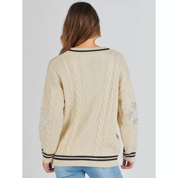 imageANRABESS Womens Long Sleeve Open Front Cardigan Sweaters Embroidery Star Button Down Cable Knit Chunky Outfits CoatsApricotblack