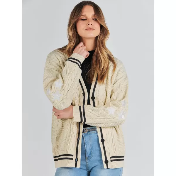 imageANRABESS Womens Long Sleeve Open Front Cardigan Sweaters Embroidery Star Button Down Cable Knit Chunky Outfits CoatsApricotblack