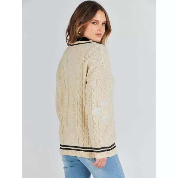 imageANRABESS Womens Long Sleeve Open Front Cardigan Sweaters Embroidery Star Button Down Cable Knit Chunky Outfits CoatsApricotblack