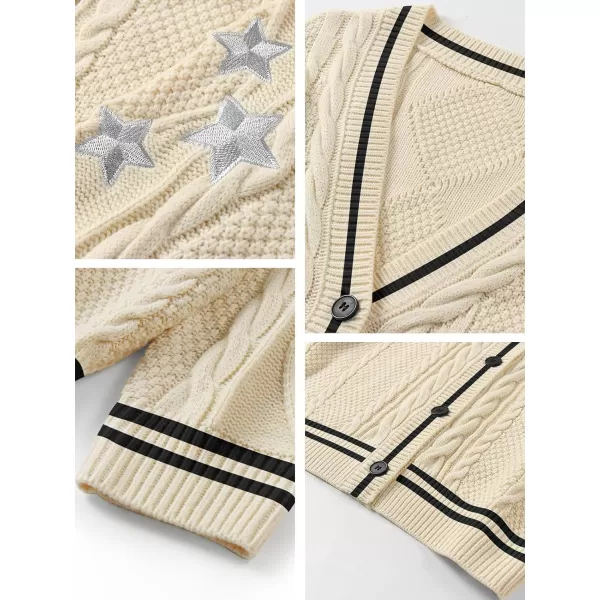 imageANRABESS Womens Long Sleeve Open Front Cardigan Sweaters Embroidery Star Button Down Cable Knit Chunky Outfits CoatsApricotblack