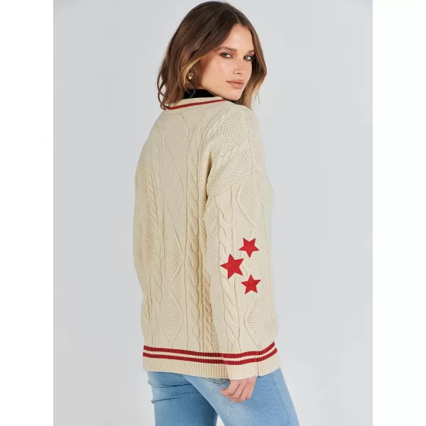 imageANRABESS Womens Long Sleeve Open Front Cardigan Sweaters Embroidery Star Button Down Cable Knit Chunky Outfits CoatsApricotred