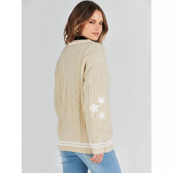 imageANRABESS Womens Long Sleeve Open Front Cardigan Sweaters Embroidery Star Button Down Cable Knit Chunky Outfits CoatsApricotwhite