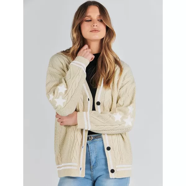 imageANRABESS Womens Long Sleeve Open Front Cardigan Sweaters Embroidery Star Button Down Cable Knit Chunky Outfits CoatsApricotwhite
