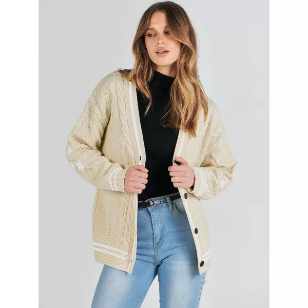 imageANRABESS Womens Long Sleeve Open Front Cardigan Sweaters Embroidery Star Button Down Cable Knit Chunky Outfits CoatsApricotwhite