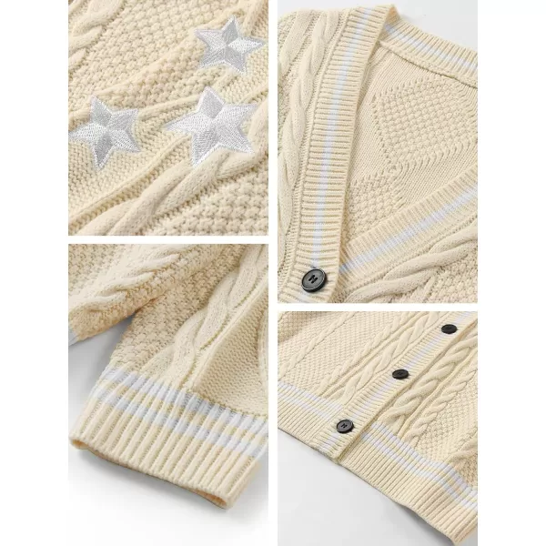 imageANRABESS Womens Long Sleeve Open Front Cardigan Sweaters Embroidery Star Button Down Cable Knit Chunky Outfits CoatsApricotwhite