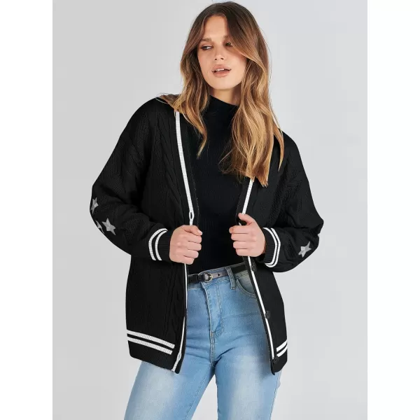 imageANRABESS Womens Long Sleeve Open Front Cardigan Sweaters Embroidery Star Button Down Cable Knit Chunky Outfits CoatsBlackwhite
