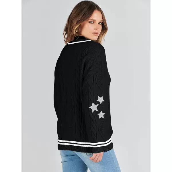 imageANRABESS Womens Long Sleeve Open Front Cardigan Sweaters Embroidery Star Button Down Cable Knit Chunky Outfits CoatsBlackwhite