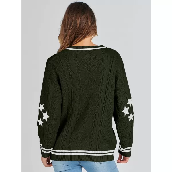 imageANRABESS Womens Long Sleeve Open Front Cardigan Sweaters Embroidery Star Button Down Cable Knit Chunky Outfits CoatsGreenwhite