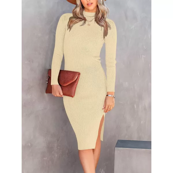 imageANRABESS Womens Long Sleeve Ribbed Sweater Dress Turtleneck Slim Fit Slit Midi Dress01apricot