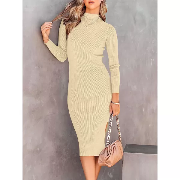 imageANRABESS Womens Long Sleeve Ribbed Sweater Dress Turtleneck Slim Fit Slit Midi Dress01apricot