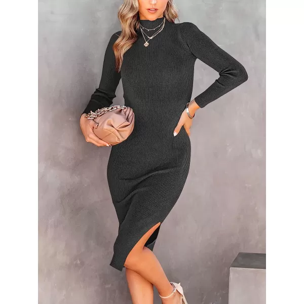 imageANRABESS Womens Long Sleeve Ribbed Sweater Dress Turtleneck Slim Fit Slit Midi Dress01black