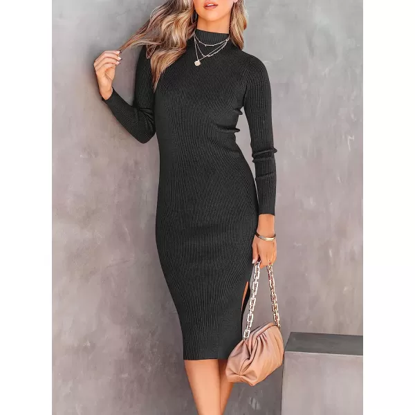 imageANRABESS Womens Long Sleeve Ribbed Sweater Dress Turtleneck Slim Fit Slit Midi Dress01black