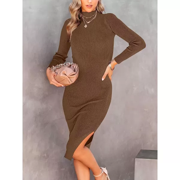 imageANRABESS Womens Long Sleeve Ribbed Sweater Dress Turtleneck Slim Fit Slit Midi Dress01brown