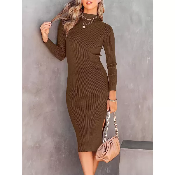 imageANRABESS Womens Long Sleeve Ribbed Sweater Dress Turtleneck Slim Fit Slit Midi Dress01brown