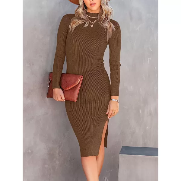 imageANRABESS Womens Long Sleeve Ribbed Sweater Dress Turtleneck Slim Fit Slit Midi Dress01brown