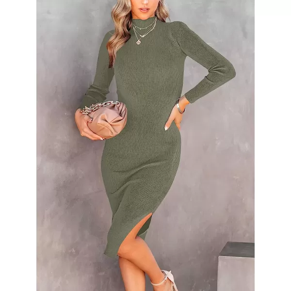 imageANRABESS Womens Long Sleeve Ribbed Sweater Dress Turtleneck Slim Fit Slit Midi Dress01green